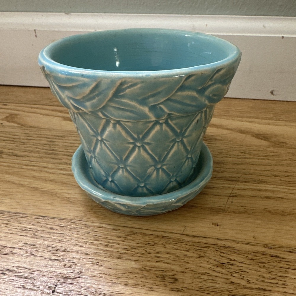 Vintage McCoy Aqua Blue Quilted Diamond & Leaf Pattern Planter with Saucer MCM